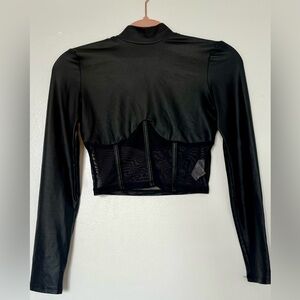 SHEIN SXY Stand Collar Contrast Mesh Crop PU Leather Tee.